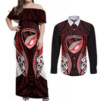 Counties Manukau 2026 Rugby Custom Couples Matching Off Shoulder Maxi Dress and Long Sleeve Button Shirt NZ Maori Silver Fern LT14 Red - Polynesian Pride