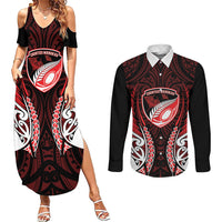 Counties Manukau 2026 Rugby Custom Couples Matching Summer Maxi Dress and Long Sleeve Button Shirt NZ Maori Silver Fern LT14 Red - Polynesian Pride