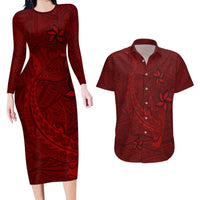 Oxblood Polynesia Couples Matching Long Sleeve Bodycon Dress and Hawaiian Shirt Hawaiian Tribal Hammerhead Shark Tattoo LT14 Oxblood - Polynesian Pride