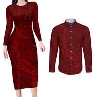 Oxblood Polynesia Couples Matching Long Sleeve Bodycon Dress and Long Sleeve Button Shirt Hawaiian Tribal Hammerhead Shark Tattoo LT14 Oxblood - Polynesian Pride