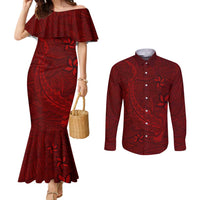 Oxblood Polynesia Couples Matching Mermaid Dress and Long Sleeve Button Shirt Hawaiian Tribal Hammerhead Shark Tattoo LT14 Oxblood - Polynesian Pride