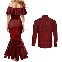 Oxblood Polynesia Couples Matching Mermaid Dress and Long Sleeve Button Shirt Hawaiian Tribal Hammerhead Shark Tattoo LT14 - Polynesian Pride