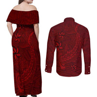 Oxblood Polynesia Couples Matching Off Shoulder Maxi Dress and Long Sleeve Button Shirt Hawaiian Tribal Hammerhead Shark Tattoo LT14 - Polynesian Pride