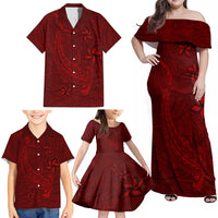 Oxblood Polynesia Family Matching Off Shoulder Maxi Dress and Hawaiian Shirt Hawaiian Tribal Hammerhead Shark Tattoo LT14 - Polynesian Pride