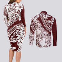 Polynesian Tropical Flowers Oxblood Color Couples Matching Long Sleeve Bodycon Dress and Long Sleeve Button Shirt LT14 - Polynesian Pride