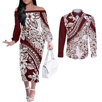 Polynesian Tropical Flowers Oxblood Color Couples Matching Off The Shoulder Long Sleeve Dress and Long Sleeve Button Shirt LT14 Oxblood - Polynesian Pride