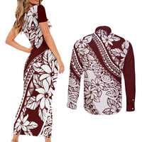 Polynesian Tropical Flowers Oxblood Color Couples Matching Short Sleeve Bodycon Dress and Long Sleeve Button Shirt LT14 - Polynesian Pride