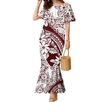 Polynesian Tropical Flowers Oxblood Color Family Matching Mermaid Dress and Hawaiian Shirt LT14 Mom's Dress Oxblood - Polynesian Pride