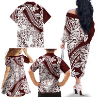 Polynesian Tropical Flowers Oxblood Color Family Matching Off The Shoulder Long Sleeve Dress and Hawaiian Shirt LT14 - Polynesian Pride