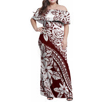 Polynesian Tropical Flowers Oxblood Color Family Matching Off Shoulder Maxi Dress and Hawaiian Shirt LT14 Mom's Dress Oxblood - Polynesian Pride