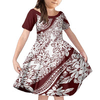 Polynesian Tropical Flowers Oxblood Color Family Matching Short Sleeve Bodycon Dress and Hawaiian Shirt LT14 Daughter's Dress Oxblood - Polynesian Pride