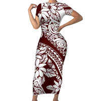 Polynesian Tropical Flowers Oxblood Color Family Matching Short Sleeve Bodycon Dress and Hawaiian Shirt LT14 Mom's Dress Oxblood - Polynesian Pride