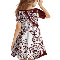 Polynesian Tropical Flowers Oxblood Color Kid Short Sleeve Dress