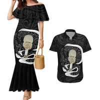 Black New Zealand Eel Couples Matching Mermaid Dress and Hawaiian Shirt Aotearoa Maori Tuna With Kotiate Weapon LT14 Black - Polynesian Pride