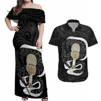 Black New Zealand Eel Couples Matching Off Shoulder Maxi Dress and Hawaiian Shirt Aotearoa Maori Tuna With Kotiate Weapon LT14 Black - Polynesian Pride