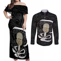 Black New Zealand Eel Couples Matching Off Shoulder Maxi Dress and Long Sleeve Button Shirt Aotearoa Maori Tuna With Kotiate Weapon LT14 Black - Polynesian Pride