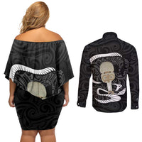 Black New Zealand Eel Couples Matching Off Shoulder Short Dress and Long Sleeve Button Shirt Aotearoa Maori Tuna With Kotiate Weapon LT14 - Polynesian Pride