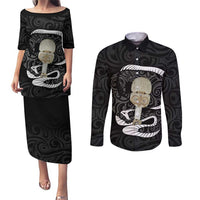 Black New Zealand Eel Couples Matching Puletasi and Long Sleeve Button Shirt Aotearoa Maori Tuna With Kotiate Weapon LT14 Black - Polynesian Pride