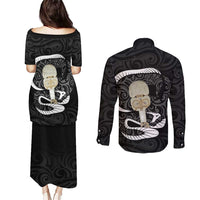 Black New Zealand Eel Couples Matching Puletasi and Long Sleeve Button Shirt Aotearoa Maori Tuna With Kotiate Weapon LT14 - Polynesian Pride