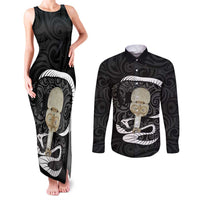 Black New Zealand Eel Couples Matching Tank Maxi Dress and Long Sleeve Button Shirt Aotearoa Maori Tuna With Kotiate Weapon LT14 Black - Polynesian Pride