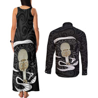 Black New Zealand Eel Couples Matching Tank Maxi Dress and Long Sleeve Button Shirt Aotearoa Maori Tuna With Kotiate Weapon LT14 - Polynesian Pride