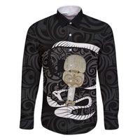 Black New Zealand Eel Family Matching Off Shoulder Short Dress and Hawaiian Shirt Aotearoa Maori Tuna With Kotiate Weapon LT14 Dad's Shirt - Long Sleeve Black - Polynesian Pride