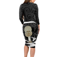 Black New Zealand Eel Long Sleeve Bodycon Dress Aotearoa Maori Tuna With Kotiate Weapon LT14 - Polynesian Pride