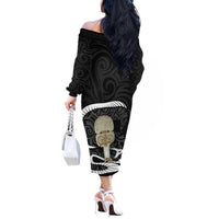 Black New Zealand Eel Off The Shoulder Long Sleeve Dress Aotearoa Maori Tuna With Kotiate Weapon LT14 - Polynesian Pride