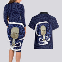 Blue New Zealand Eel Couples Matching Long Sleeve Bodycon Dress and Hawaiian Shirt Aotearoa Maori Tuna With Kotiate Weapon LT14 - Polynesian Pride