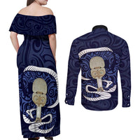 Blue New Zealand Eel Couples Matching Off Shoulder Maxi Dress and Long Sleeve Button Shirt Aotearoa Maori Tuna With Kotiate Weapon LT14 - Polynesian Pride