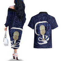 Blue New Zealand Eel Couples Matching Off The Shoulder Long Sleeve Dress and Hawaiian Shirt Aotearoa Maori Tuna With Kotiate Weapon LT14 - Polynesian Pride