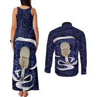 Blue New Zealand Eel Couples Matching Tank Maxi Dress and Long Sleeve Button Shirt Aotearoa Maori Tuna With Kotiate Weapon LT14 - Polynesian Pride