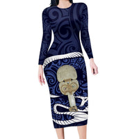 Blue New Zealand Eel Family Matching Long Sleeve Bodycon Dress and Hawaiian Shirt Aotearoa Maori Tuna With Kotiate Weapon LT14 Mom's Dress Blue - Polynesian Pride