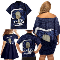 Blue New Zealand Eel Family Matching Off Shoulder Short Dress and Hawaiian Shirt Aotearoa Maori Tuna With Kotiate Weapon LT14 - Polynesian Pride