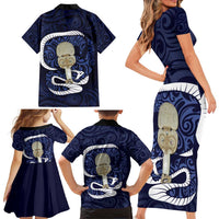 Blue New Zealand Eel Family Matching Short Sleeve Bodycon Dress and Hawaiian Shirt Aotearoa Maori Tuna With Kotiate Weapon LT14 - Polynesian Pride