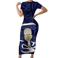Blue New Zealand Eel Family Matching Short Sleeve Bodycon Dress and Hawaiian Shirt Aotearoa Maori Tuna With Kotiate Weapon LT14 Mom's Dress Blue - Polynesian Pride