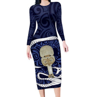 Blue New Zealand Eel Long Sleeve Bodycon Dress Aotearoa Maori Tuna With Kotiate Weapon LT14 Long Dress Blue - Polynesian Pride
