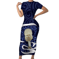 Blue New Zealand Eel Short Sleeve Bodycon Dress Aotearoa Maori Tuna With Kotiate Weapon LT14 Long Dress Blue - Polynesian Pride