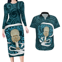Turquoise New Zealand Eel Couples Matching Long Sleeve Bodycon Dress and Hawaiian Shirt Aotearoa Maori Tuna With Kotiate Weapon LT14 Turquoise - Polynesian Pride
