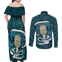 Turquoise New Zealand Eel Couples Matching Off Shoulder Maxi Dress and Long Sleeve Button Shirt Aotearoa Maori Tuna With Kotiate Weapon LT14 - Polynesian Pride