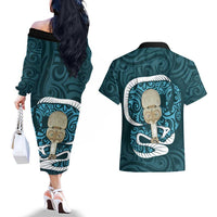 Turquoise New Zealand Eel Couples Matching Off The Shoulder Long Sleeve Dress and Hawaiian Shirt Aotearoa Maori Tuna With Kotiate Weapon LT14 - Polynesian Pride