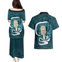 Turquoise New Zealand Eel Couples Matching Puletasi and Hawaiian Shirt Aotearoa Maori Tuna With Kotiate Weapon LT14 - Polynesian Pride
