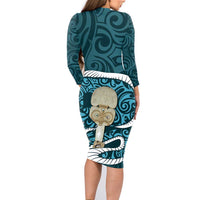 Turquoise New Zealand Eel Family Matching Long Sleeve Bodycon Dress and Hawaiian Shirt Aotearoa Maori Tuna With Kotiate Weapon LT14 - Polynesian Pride