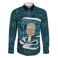 Turquoise New Zealand Eel Family Matching Off The Shoulder Long Sleeve Dress and Hawaiian Shirt Aotearoa Maori Tuna With Kotiate Weapon LT14 Dad's Shirt - Long Sleeve Turquoise - Polynesian Pride