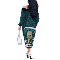 Turquoise New Zealand Eel Off The Shoulder Long Sleeve Dress Aotearoa Maori Tuna With Kotiate Weapon LT14 - Polynesian Pride