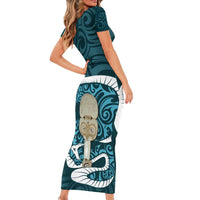 Turquoise New Zealand Eel Short Sleeve Bodycon Dress Aotearoa Maori Tuna With Kotiate Weapon LT14 - Polynesian Pride