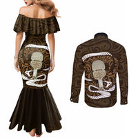 Gold New Zealand Eel Couples Matching Mermaid Dress and Long Sleeve Button Shirt Aotearoa Maori Tuna With Kotiate Weapon LT14 - Polynesian Pride