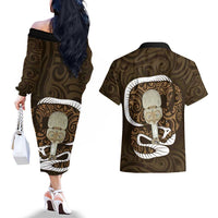 Gold New Zealand Eel Couples Matching Off The Shoulder Long Sleeve Dress and Hawaiian Shirt Aotearoa Maori Tuna With Kotiate Weapon LT14 - Polynesian Pride