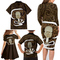 Gold New Zealand Eel Family Matching Long Sleeve Bodycon Dress and Hawaiian Shirt Aotearoa Maori Tuna With Kotiate Weapon LT14 - Polynesian Pride