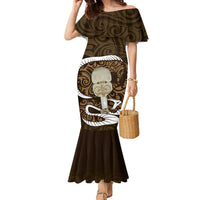 Gold New Zealand Eel Family Matching Mermaid Dress and Hawaiian Shirt Aotearoa Maori Tuna With Kotiate Weapon LT14 Mom's Dress Gold - Polynesian Pride